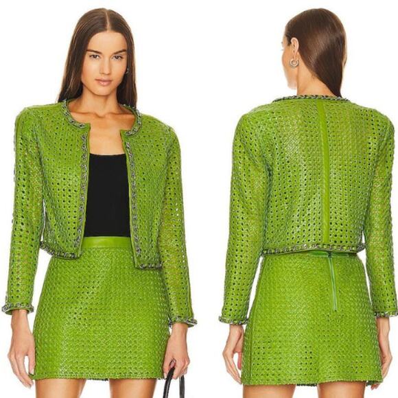 NEW Alice + Olivia Brixton Woven Lamb Leather Cropped Boxy Fit Jacket Green - Picture 8 of 8